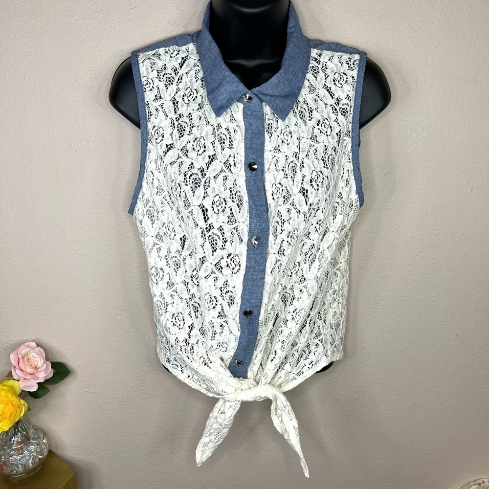L Juniors Papaya Blue & White Lace Button Down Top Large 11 13